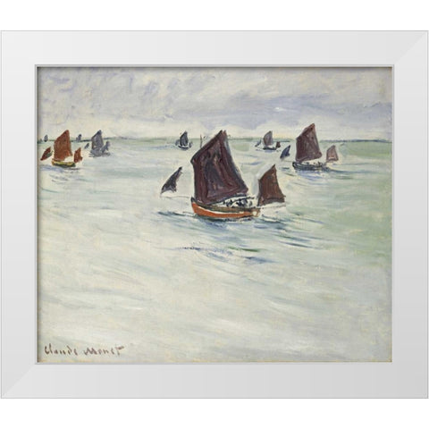 Fishing Boats off Pourville, 1882 White Modern Wood Framed Art Print by Monet, Claude