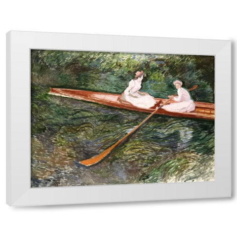 The Pink Rowing Boat White Modern Wood Framed Art Print by Monet, Claude