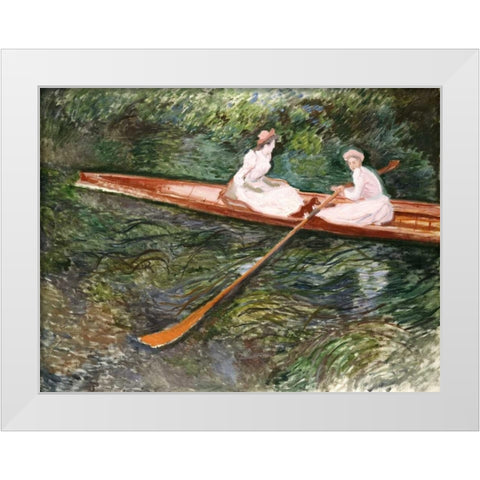 The Pink Rowing Boat White Modern Wood Framed Art Print by Monet, Claude