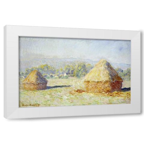 Haystacks, Morning Effect White Modern Wood Framed Art Print by Monet, Claude