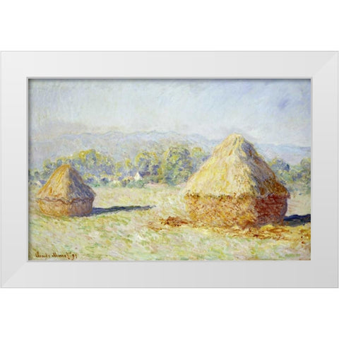 Haystacks, Morning Effect White Modern Wood Framed Art Print by Monet, Claude