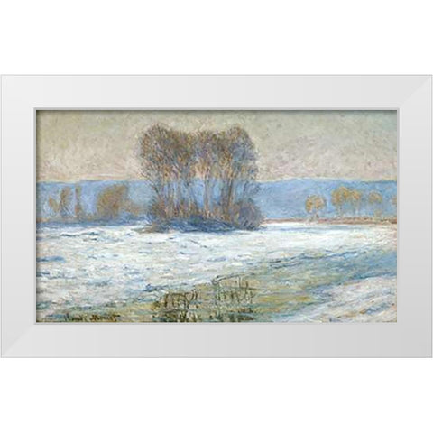 The Seine at Bennecourt, Winter White Modern Wood Framed Art Print by Monet, Claude