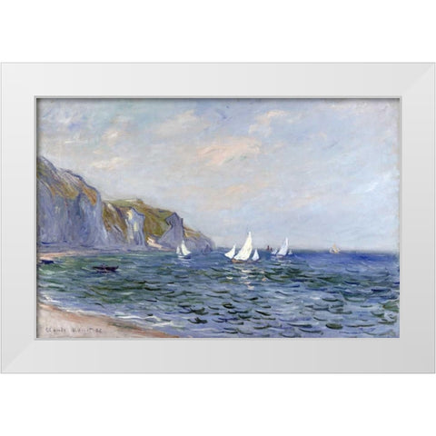 Cliffs and Sailboats at Pourville White Modern Wood Framed Art Print by Monet, Claude