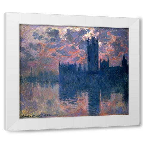 Parliament, Sunset White Modern Wood Framed Art Print by Monet, Claude