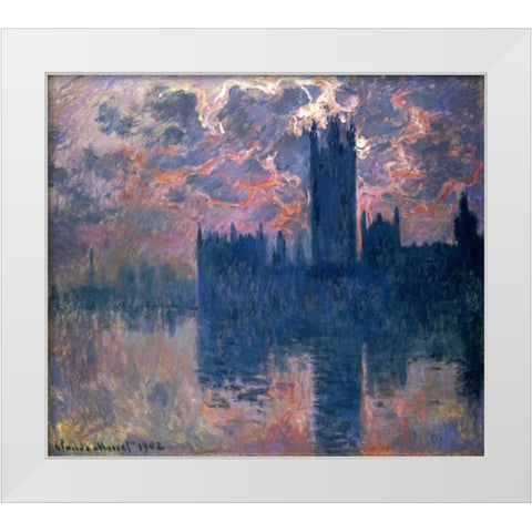 Parliament, Sunset White Modern Wood Framed Art Print by Monet, Claude