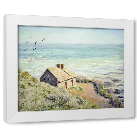 The Customs Hut, Morning White Modern Wood Framed Art Print by Monet, Claude