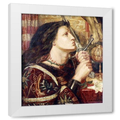 Joan of Arc Kissing The Sword of Deliverance White Modern Wood Framed Art Print by Rossetti, Dante Gabriel