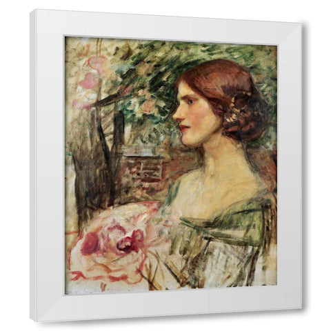 Portrait of a Lady In a Green Dress White Modern Wood Framed Art Print by Waterhouse, John William