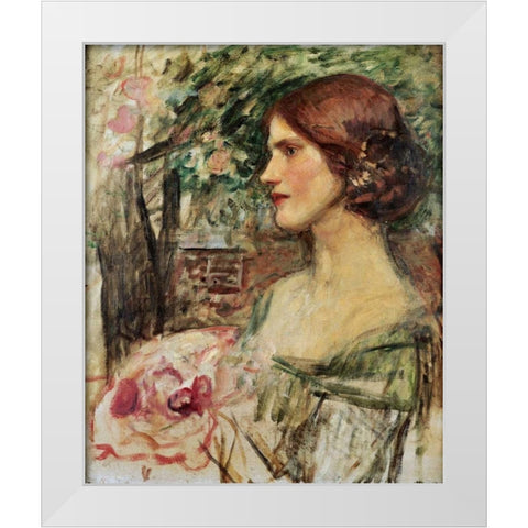 Portrait of a Lady In a Green Dress White Modern Wood Framed Art Print by Waterhouse, John William
