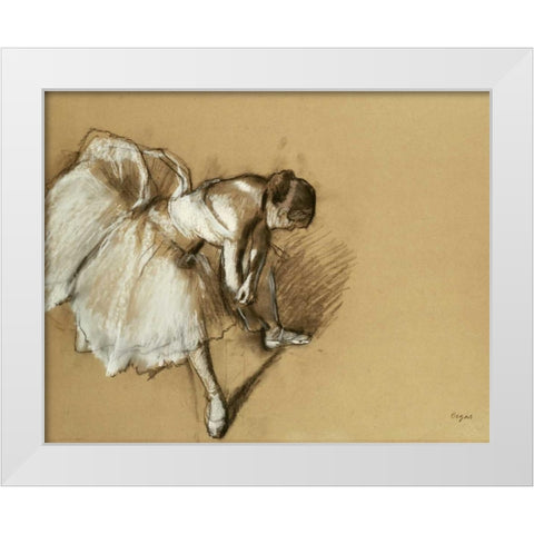 Dancer Adjusting Her Shoe White Modern Wood Framed Art Print by Degas, Edgar