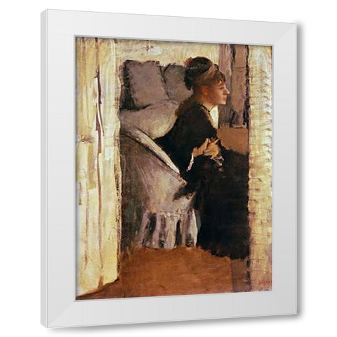 Woman Putting On Her Gloves White Modern Wood Framed Art Print by Degas, Edgar