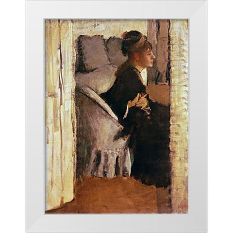 Woman Putting On Her Gloves White Modern Wood Framed Art Print by Degas, Edgar