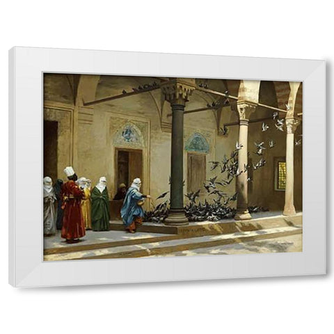 Harem Women Feeding Pigeons In a Courtyard White Modern Wood Framed Art Print by Gerome, Jean Leon