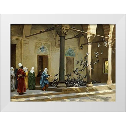 Harem Women Feeding Pigeons In a Courtyard White Modern Wood Framed Art Print by Gerome, Jean Leon