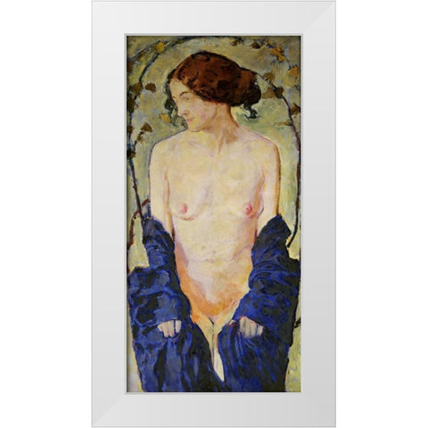 Standing Nude with Blue Robe White Modern Wood Framed Art Print by Moser, Koloman