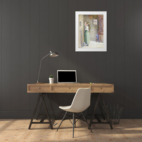 Country Girl at Her Toilet White Modern Wood Framed Art Print by Pissarro, Camille