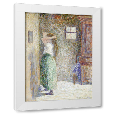 Country Girl at Her Toilet White Modern Wood Framed Art Print by Pissarro, Camille