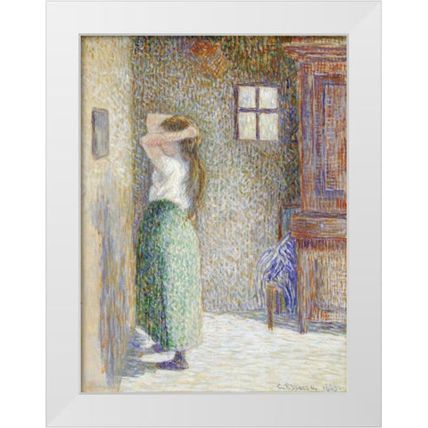 Country Girl at Her Toilet White Modern Wood Framed Art Print by Pissarro, Camille