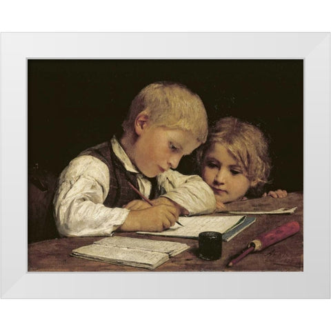 A Boy Writing White Modern Wood Framed Art Print by Anker, Albert