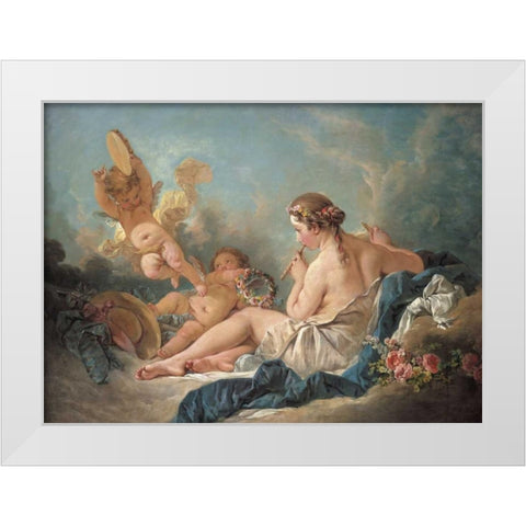 Nymph Playing The Flute With Putti White Modern Wood Framed Art Print by Boucher, Francois