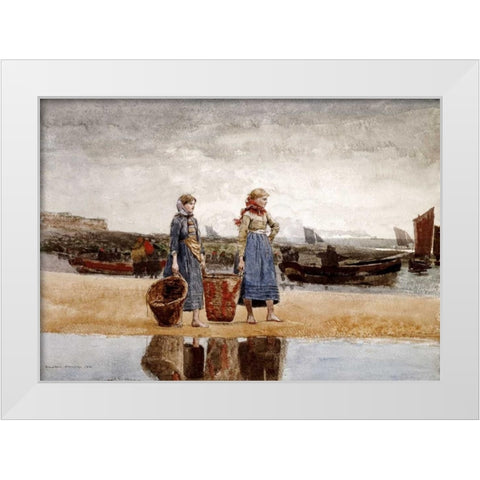 Two Girls on The Beach, Tynemouth White Modern Wood Framed Art Print by Homer, Winslow