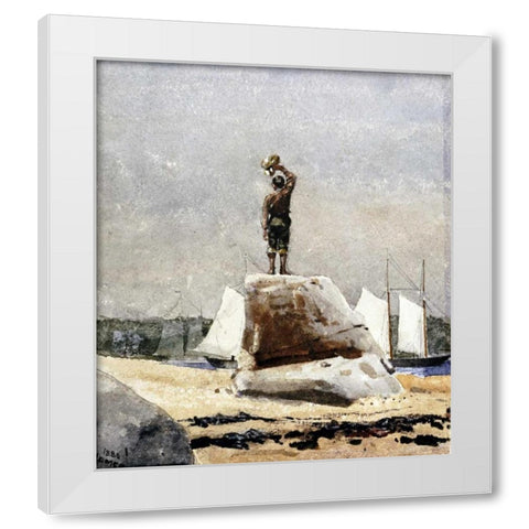 Boy Hailing Schooners White Modern Wood Framed Art Print by Homer, Winslow