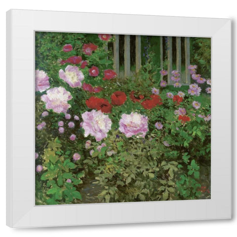 Flowers and Garden Fence White Modern Wood Framed Art Print by Moser, Koloman