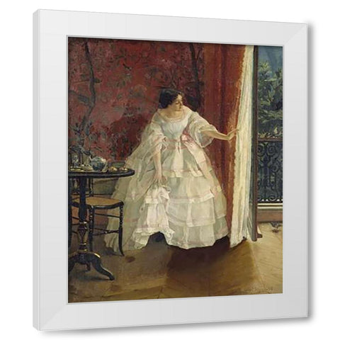 Lady at a Window Feeding Birds White Modern Wood Framed Art Print by Stevens, Alfred