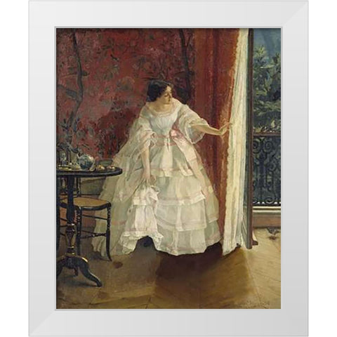 Lady at a Window Feeding Birds White Modern Wood Framed Art Print by Stevens, Alfred