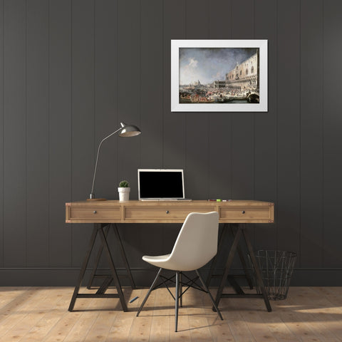 Reception of French Ambassador In Venice White Modern Wood Framed Art Print by Canaletto