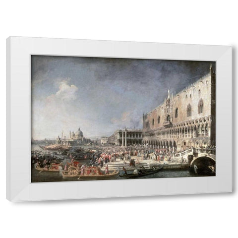Reception of French Ambassador In Venice White Modern Wood Framed Art Print by Canaletto
