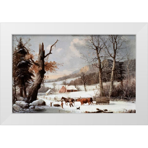Winter In The Country - Homeward From The Wood-Lot White Modern Wood Framed Art Print by Currier and Ives