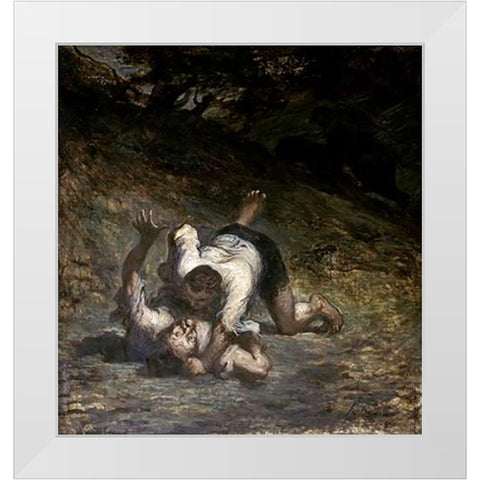 Thief and The Ass White Modern Wood Framed Art Print by Daumier, Honore