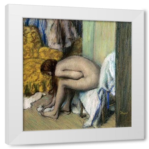 After the Bath, Woman Drying Her Feet, 1886 White Modern Wood Framed Art Print by Degas, Edgar