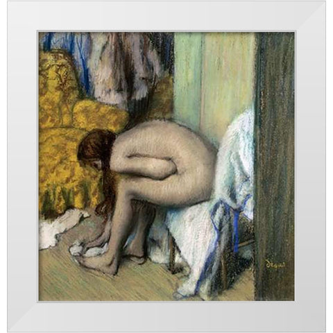 After the Bath, Woman Drying Her Feet, 1886 White Modern Wood Framed Art Print by Degas, Edgar