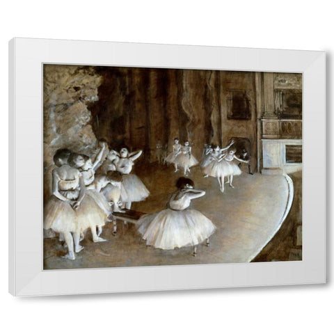 Ballet Rehearsal on the Set, 1874 White Modern Wood Framed Art Print by Degas, Edgar