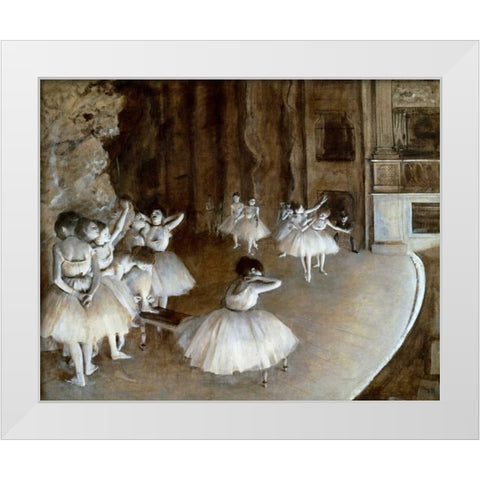Ballet Rehearsal on the Set, 1874 White Modern Wood Framed Art Print by Degas, Edgar