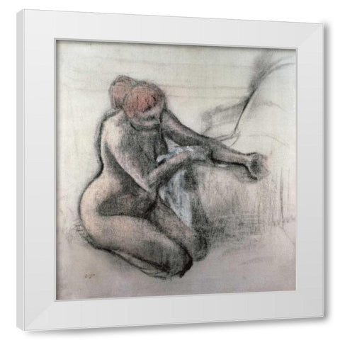 Nude Woman Drying Herself After The Bath White Modern Wood Framed Art Print by Degas, Edgar