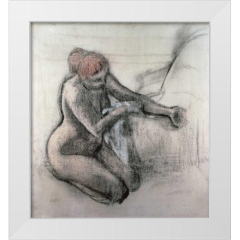 Nude Woman Drying Herself After The Bath White Modern Wood Framed Art Print by Degas, Edgar