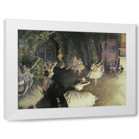 Rehearsal of the Ballet on Stage White Modern Wood Framed Art Print by Degas, Edgar