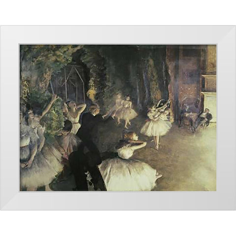 Rehearsal of the Ballet on Stage White Modern Wood Framed Art Print by Degas, Edgar