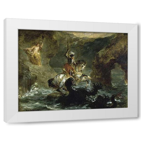 St. George Fighting the Dragon White Modern Wood Framed Art Print by Delacroix, Eugene