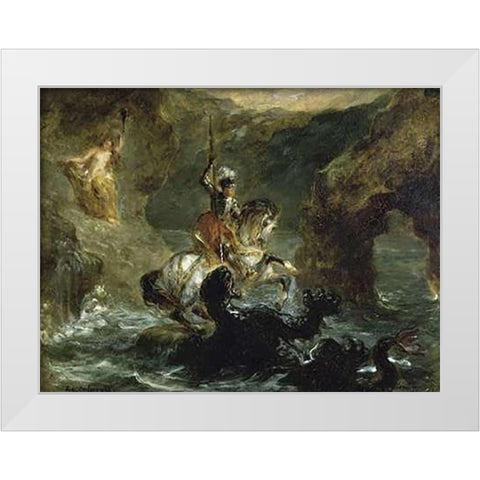 St. George Fighting the Dragon White Modern Wood Framed Art Print by Delacroix, Eugene