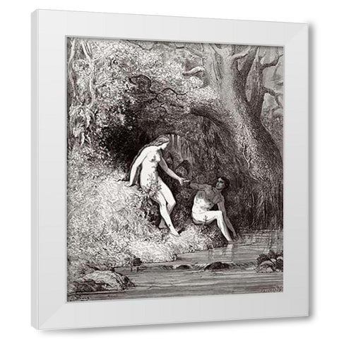 Adam and Eve In Paradise (from Miltons Paradise Lost) White Modern Wood Framed Art Print by Dore, Gustave