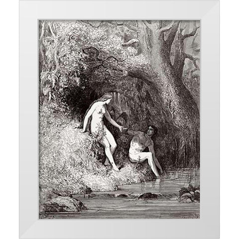 Adam and Eve In Paradise (from Miltons Paradise Lost) White Modern Wood Framed Art Print by Dore, Gustave