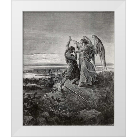 Jacob Wrestling With The Angel White Modern Wood Framed Art Print by Dore, Gustave