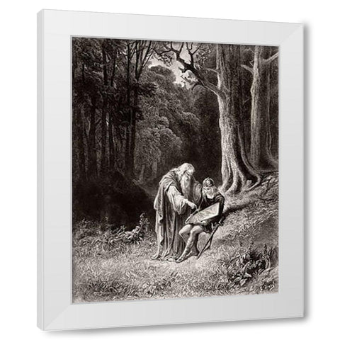 Merlin Paints The Young Knights Shield White Modern Wood Framed Art Print by Dore, Gustave