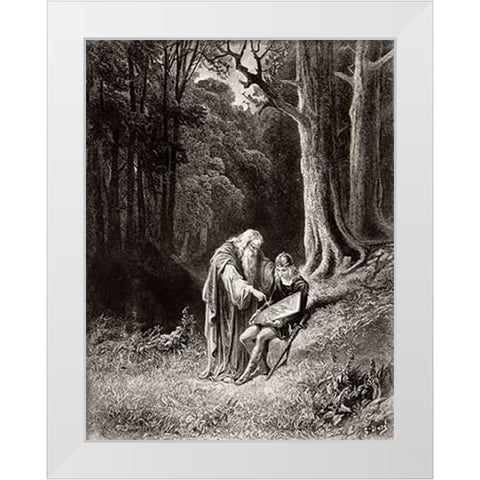 Merlin Paints The Young Knights Shield White Modern Wood Framed Art Print by Dore, Gustave