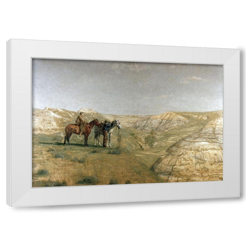 Cowboys In The Badlands White Modern Wood Framed Art Print by Eakins, Thomas