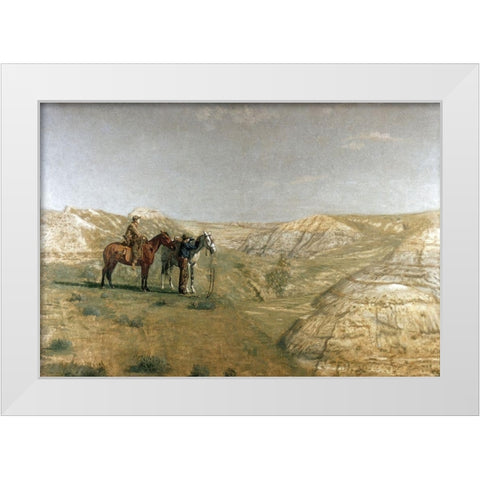 Cowboys In The Badlands White Modern Wood Framed Art Print by Eakins, Thomas